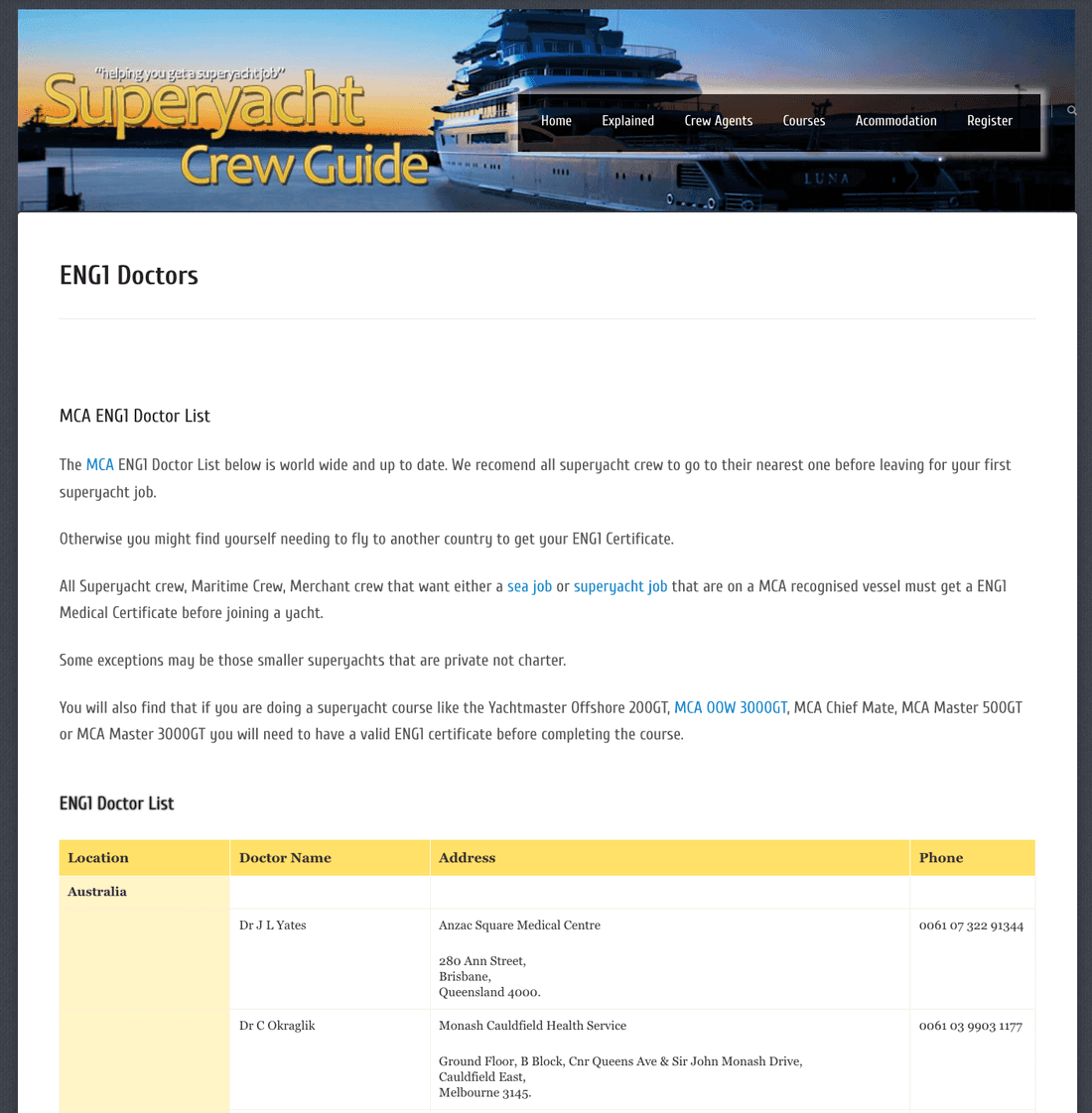 A screenshot of the original SuperyachtCrewGuide.com ENG1 doctor list page from 2012